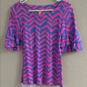 Lilly Pulitzer Lula Vibrant Pink and Blue Chevron Blouse
